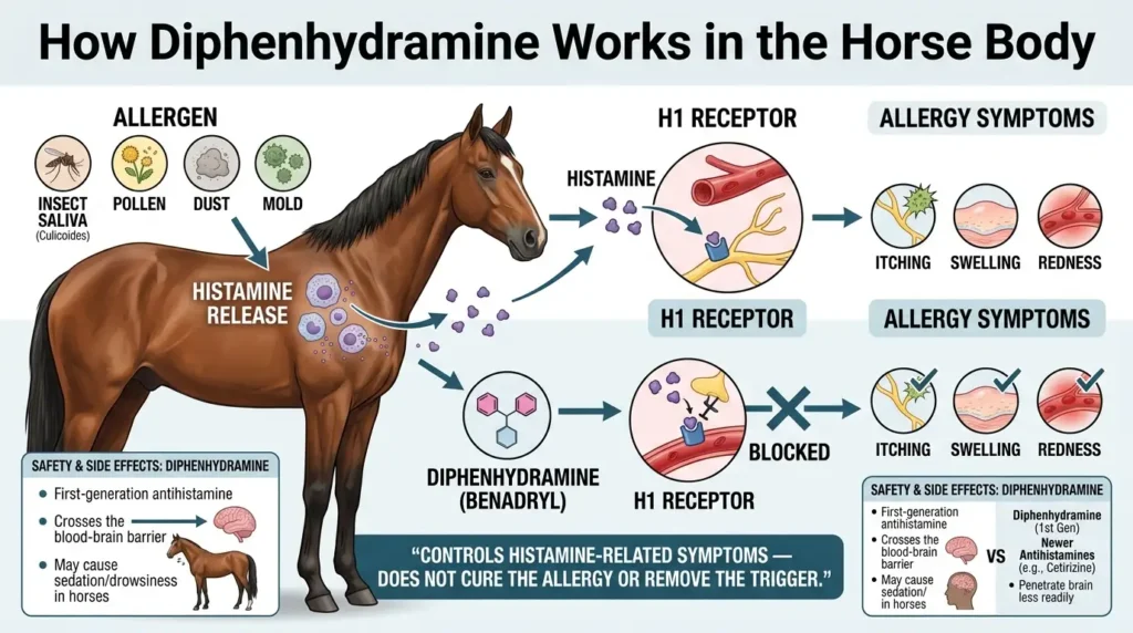 Benadryl Dosage For Horses: Calculator, Chart & Safe Guide 2 How Diphenhydramine Works in the Horse Body