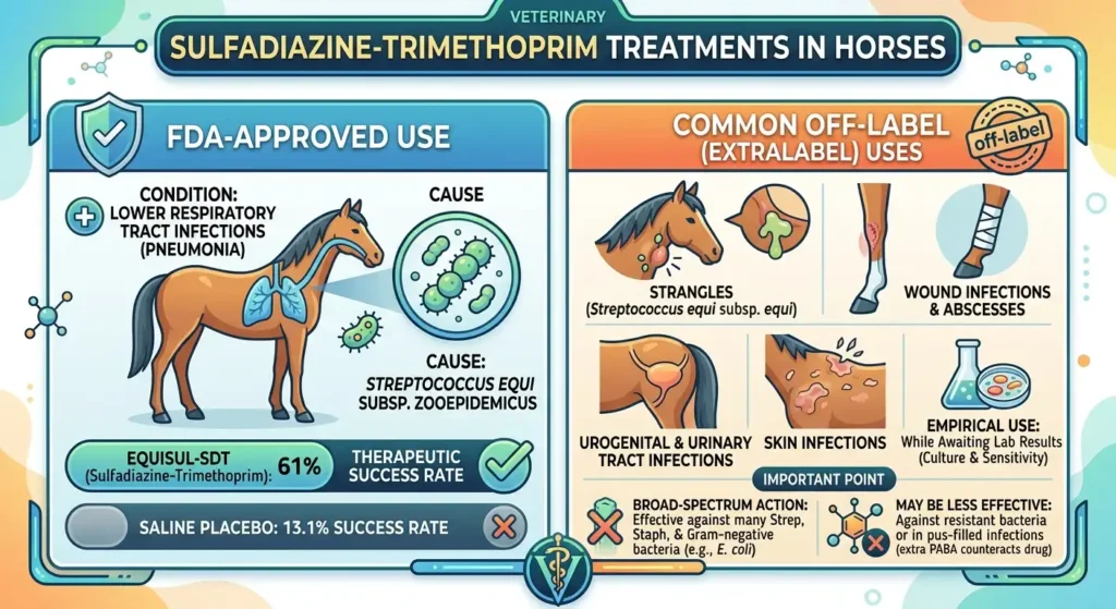 Sulfadiazine-Trimethoprim Dosage For Horses: Calculator & Safe Guide 2 What Is Sulfadiazine-Trimethoprim Used to Treat in Horses?