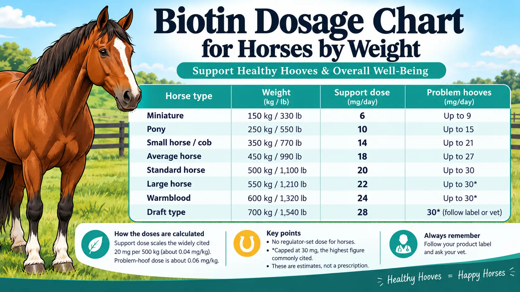 Biotin Dosage for Horses: Dosage Chart, Calculator & Safety 2 Biotin Dosage Chart for Horses by Weight