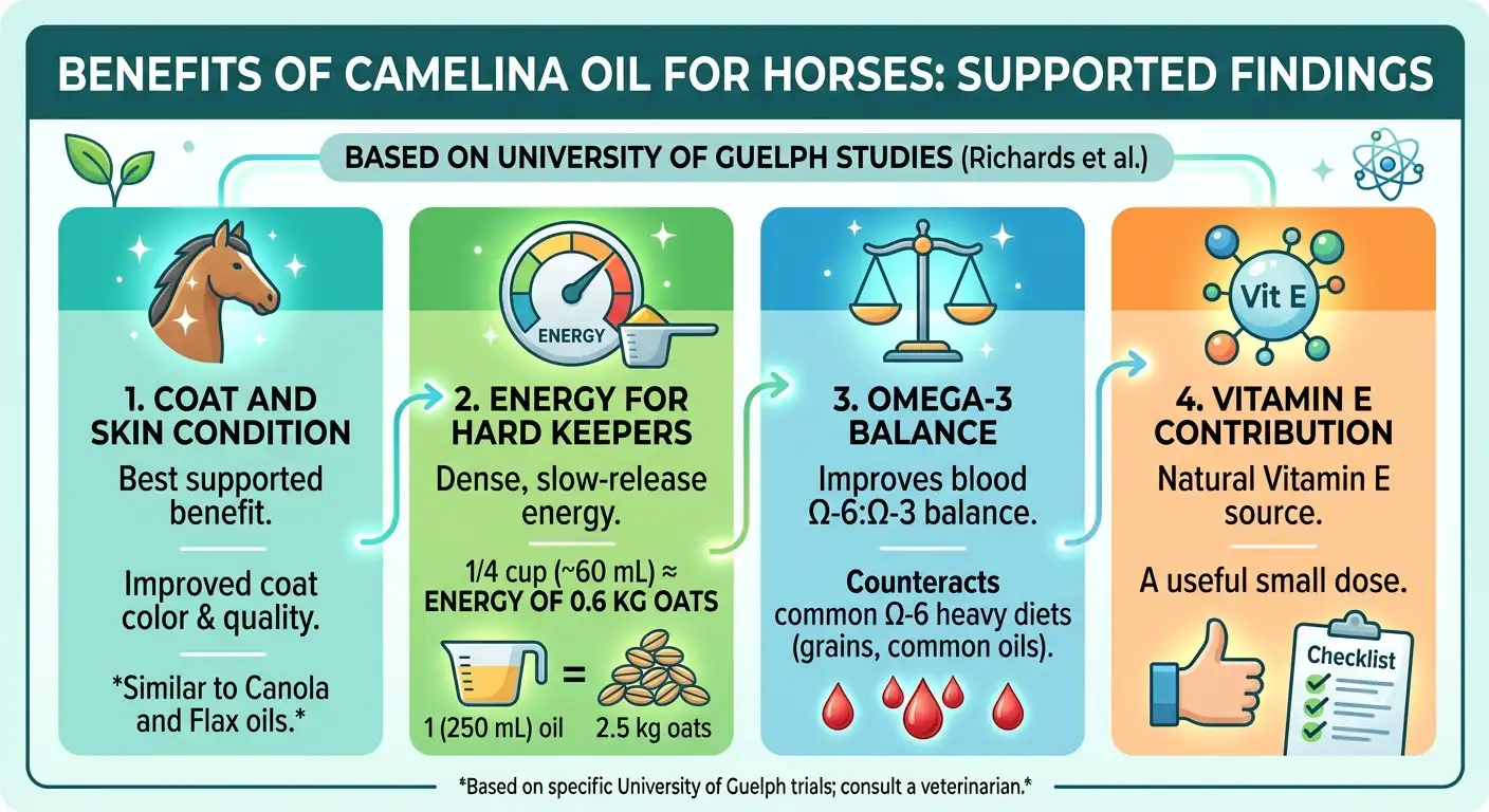 Camelina Oil Dosage for Horses: Dosage Chart, Calculator & Safety 2 Benefits of Camelina Oil for Horses: What Is Supported and What Is Not