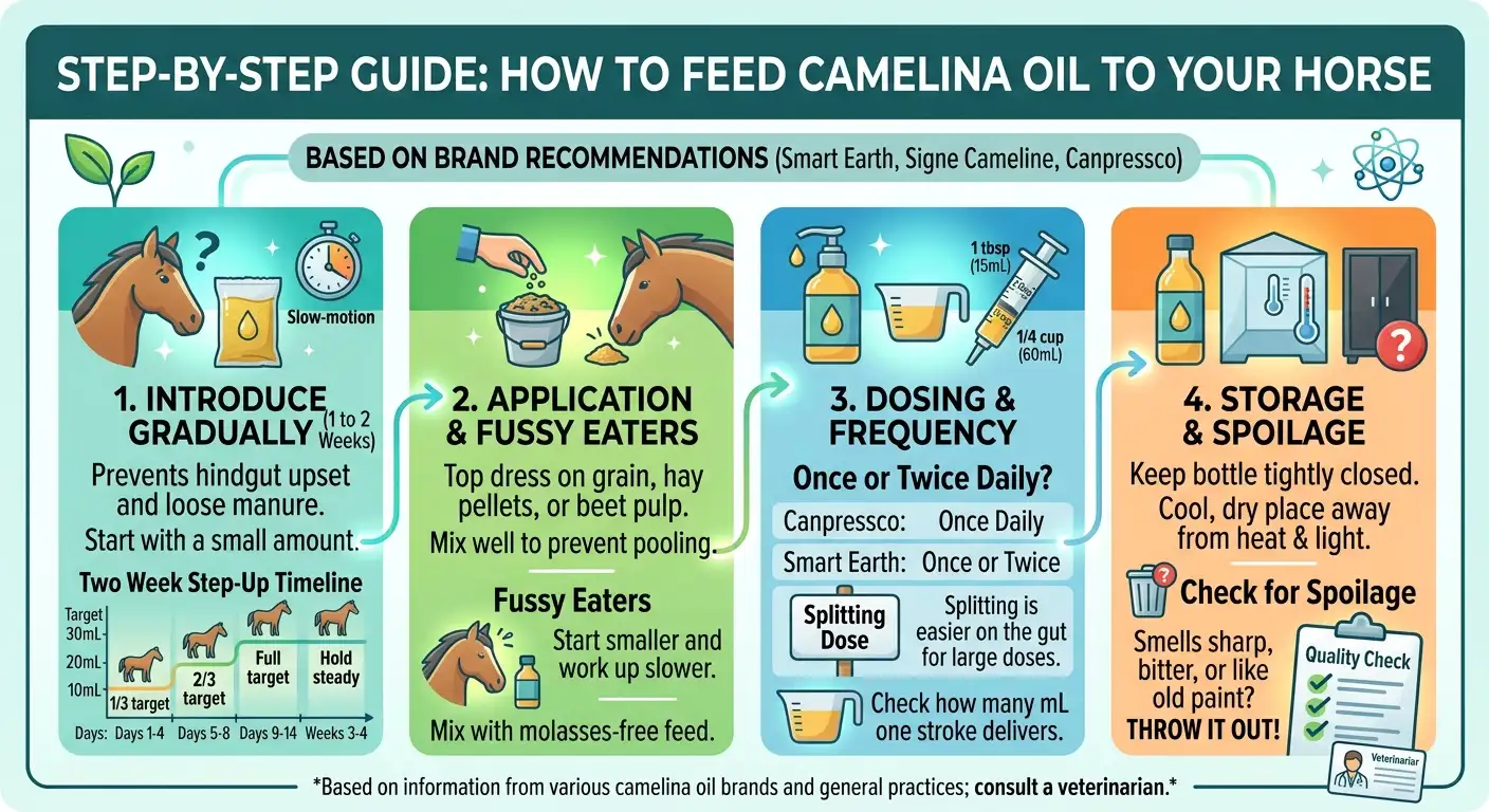 Camelina Oil Dosage for Horses: Dosage Chart, Calculator & Safety 3 How to Feed Camelina Oil to Your Horse Step by Step