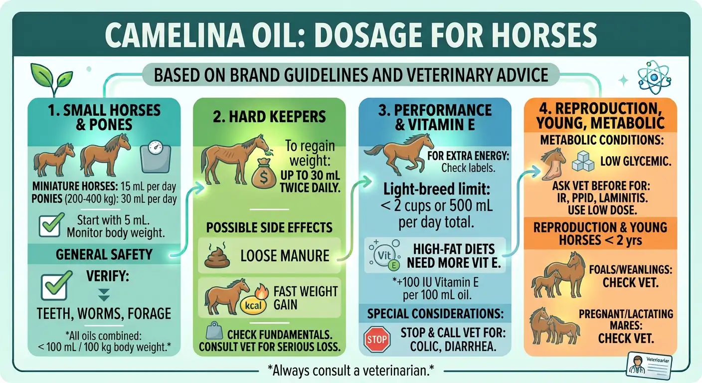 Camelina Oil Dosage for Horses: Dosage Chart, Calculator & Safety 4 Camelina Oil Dosage for Special Situations