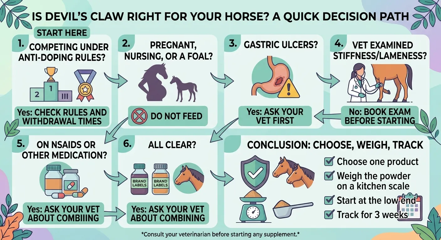 Devils Claw Dosage for Horses: Chart Calculator & Safe Guide 4 Is Devil’s Claw Right for Your Horse? A Quick Decision Path